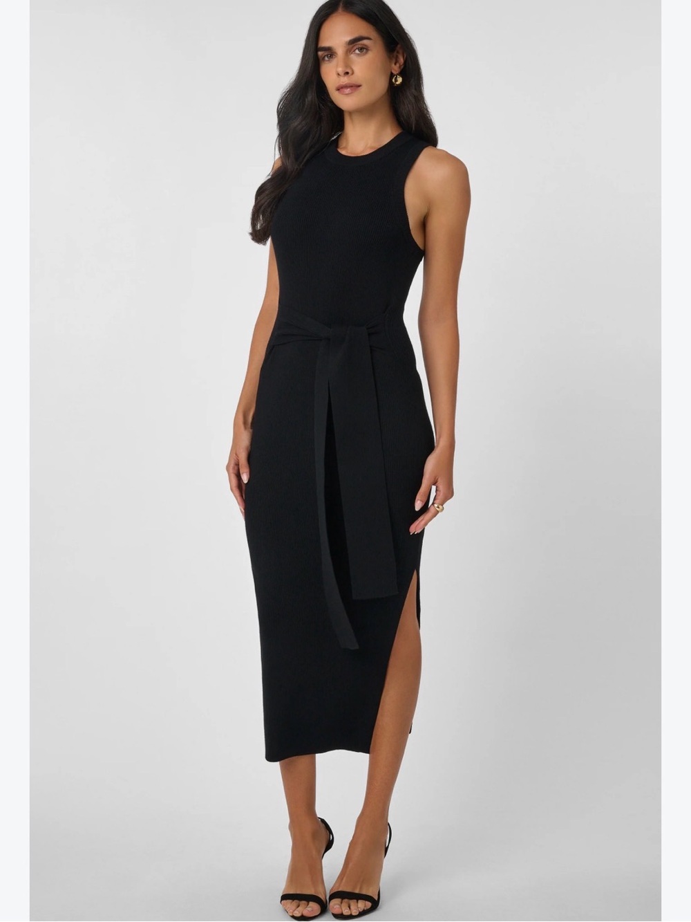 Tocin Sleeveless Black Midi Knit Dress with Waist Tie